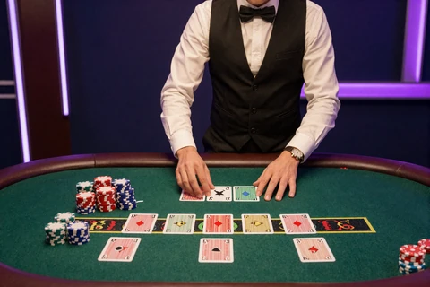 Live-Blackjack-Dealerin teilt Karten am Tisch mit leuchtenden Chips im GambleZen Live Casino