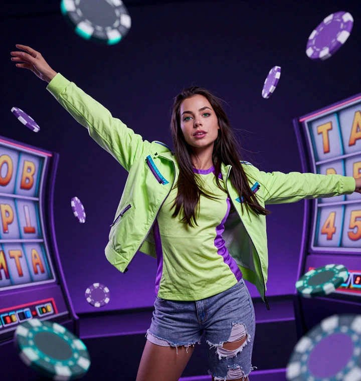 Selbstbewusste Frau in Neon-Jacke umgeben von schwebenden Slot-Symbolen und Chips in der GambleZen Spielbibliothek