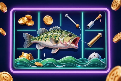 Angel-Slot Big Bass mit leuchtendem Fisch und goldenen M&uuml;nzen im GambleZen Online Casino