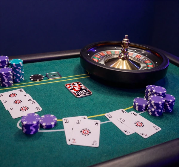 Roulette-Rad, Blackjack-Karten und leuchtende Chips auf gr&uuml;nem Filz im GambleZen Casino